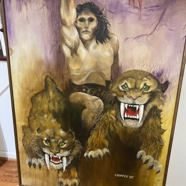 Copper Oil on Canvas by American Artist Joy Hopper Titled “The Conqueror”made in 1981 in Style of Frank Frazetta Framed Signed For Sale - Image 8 of 10