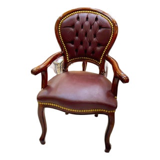 Brown Leather Tufted Armchair – Classic French Style Accent Chair For Sale