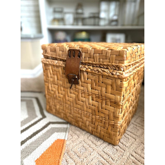 Wood Vintage Woven Rattan Storage Box With Leather Closures | Lidded File Box, Custom Designer Fabric Lined Interior, Boho Coastal Decor For Sale - Image 7 of 12