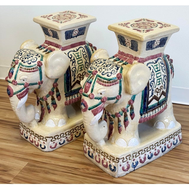 Vibrant large ceramic elephant garden stools or side tables. Feature wonderful design detail and unique color palette....