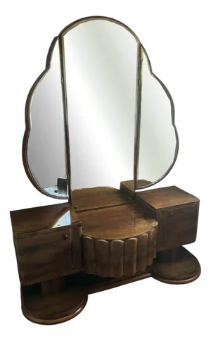 Art Deco Walnut Vanity Table with Triptych Mirror, 1930s