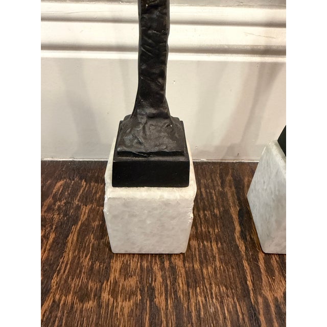 Stone Late 20th Century Pair of Giacometti Style Male & Female Figural Sculptures on Marble Bases For Sale - Image 7 of 17