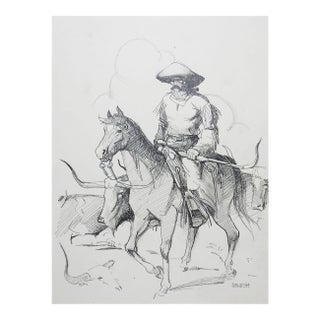 1994 Cowboy Horse and Cows Western Drawing For Sale