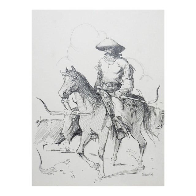 1994 Cowboy Horse and Cows Western Drawing For Sale