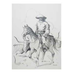 1994 Cowboy Horse and Cows Western Drawing