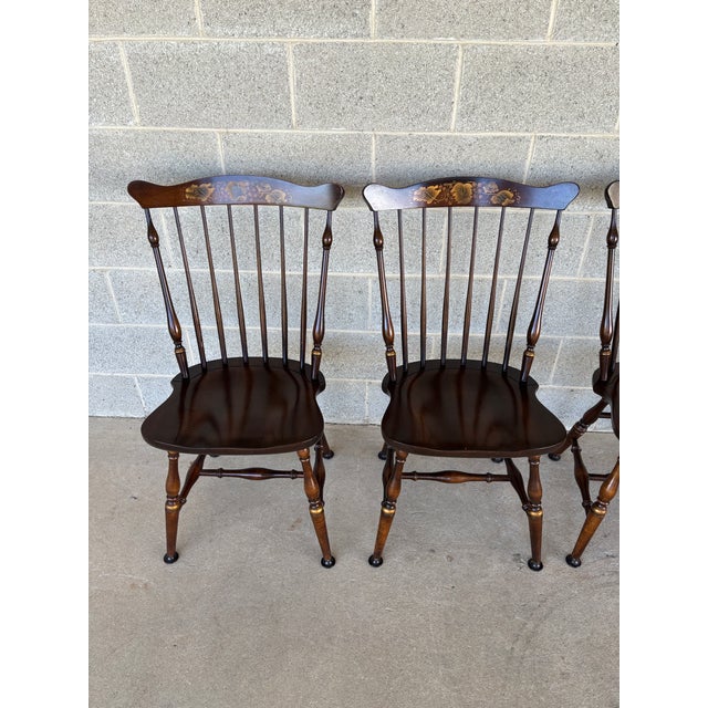 Description: L. Hitchcock Harvest Brown Maple Fan Back Windsor Side Chairs - Set of 4. Very Good Vintage Furniture...