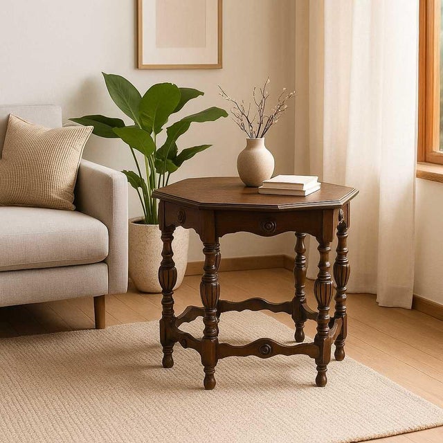 Antique Carved Wood Round Dining or Center Table, Restored. An early-20th-century carved wood table with a compact round...