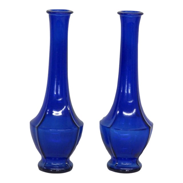 Art Deco Cobalt Blue Molded 4 Panel Flower Bud Vases a Pair For Sale