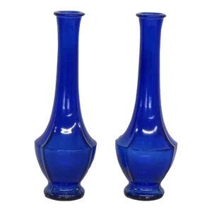 Art Deco Cobalt Blue Molded 4 Panel Flower Bud Vases a Pair