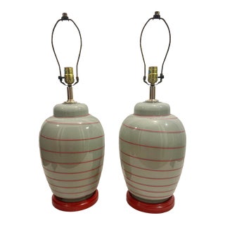Vintage Postmodern Reverse Painted Glass Gray Ginger Jar Urn Style Table Lamps With Vermillion Stripes and Base -A Pair For Sale