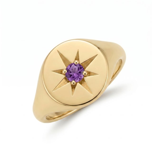 Not Yet Made - Made To Order Gold Starburst Amethyst Signet Ring | Oval Face Celestial Ring | Minimalist Chunky Unisex Ring Us 7 For Sale - Image 5 of 5
