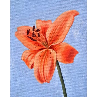 Orange Lily by Robin Hextrum | Oil on canvas Orange lily flower against a blue background. For Sale