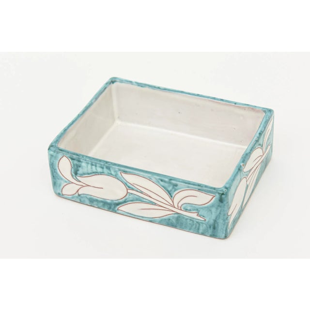 Turquoise Vintage Raymor Ceramic Turquoise and White Flower Lidded Box Italian For Sale - Image 8 of 11