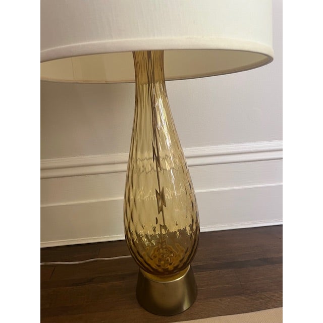 Mid 20th Century Murano Art Glass Table Lamps in Warm Amber Glass With Brass Bases and Coordinating Linen Shades. - a Pair For Sale In New York - Image 6 of 10