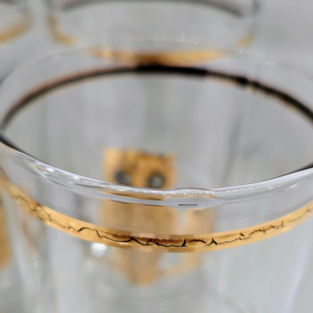 Metal Vintage Hollywood Regency Culver Ltd. Set of 6 22k Gold Owl Highball Glasses - Set of 6 For Sale - Image 7 of 8