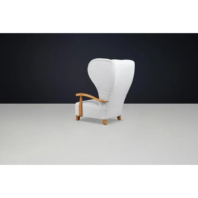 Monumental French Wingback Armchair in Ivory Bouclé with Sculpted Frame, 1930s For Sale - Image 4 of 10
