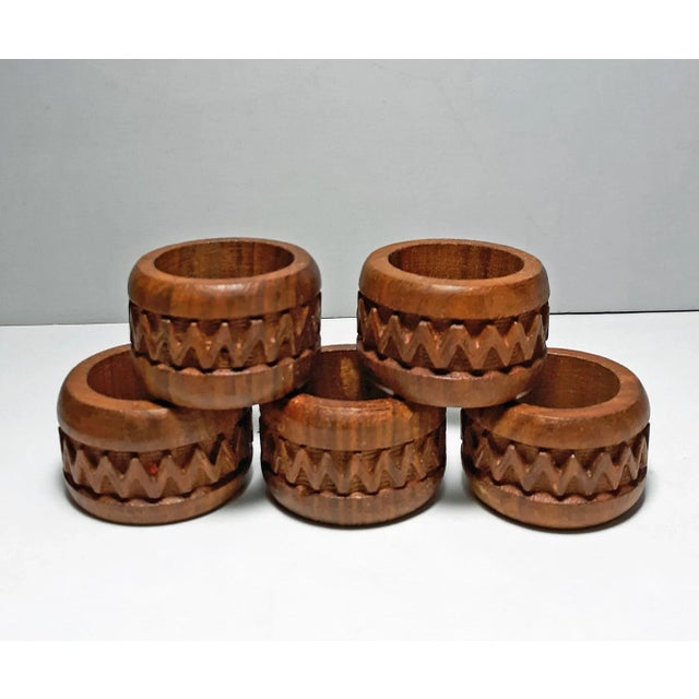 Vintage Carved Teak Napkin Rings From India - Set of 5 For Sale In Phoenix - Image 6 of 6