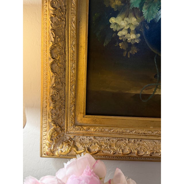 1970s Large Floral Still Life | Oil on Canvas Painting in Ornate Gilt Frame For Sale - Image 5 of 10