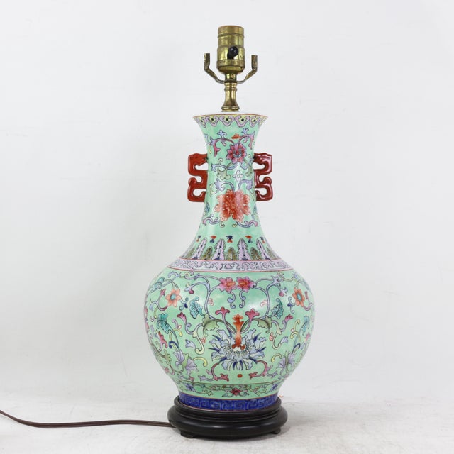 Vintage Chinese Famille Rose Lime Green Porcelain Vase Lamp With Lotus and Peony Scrollwork For Sale - Image 16 of 16
