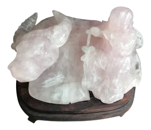 Antique Chinese Child & Ox Carved Rose Quartz Statue on Wooden Base