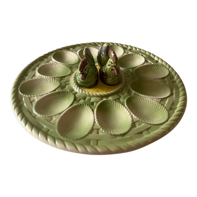 Vintage Egg Plate With Chicken and Rooster Salt and Pepper Shakers For Sale