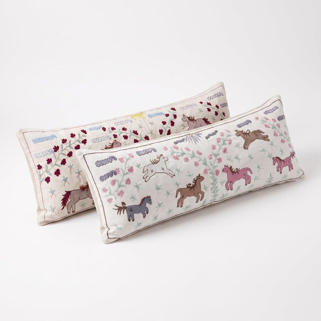 Mid-Century Modern Pony Suzani Lumbar Pillow Cover 18'' X 52'' - Set of Two For Sale - Image 3 of 4