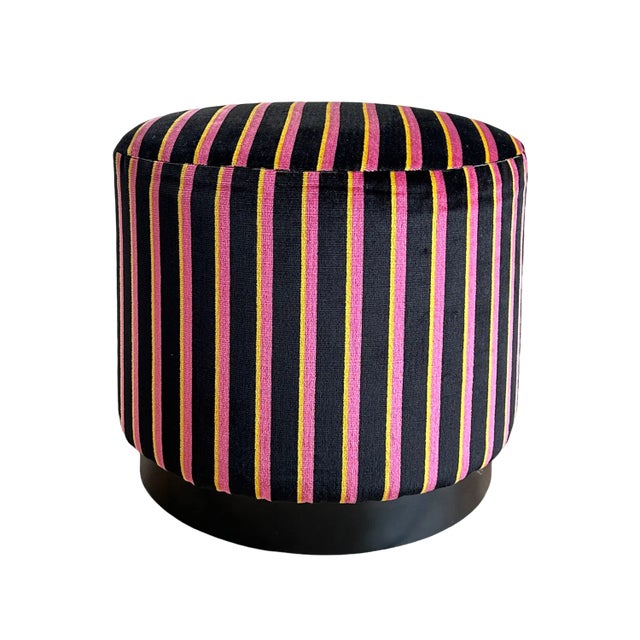 Modern Pink and Yellow Striped Black Velvet Pouf, 2000s For Sale
