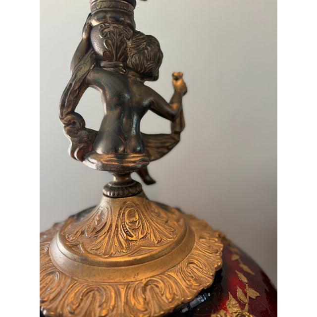 Late 20th Century Tall Figural Cherub Table Lamps | Ruby Red Glass & Brass | Victorian / Hollywood Regency | 37.5” - a Pair For Sale - Image 11 of 18