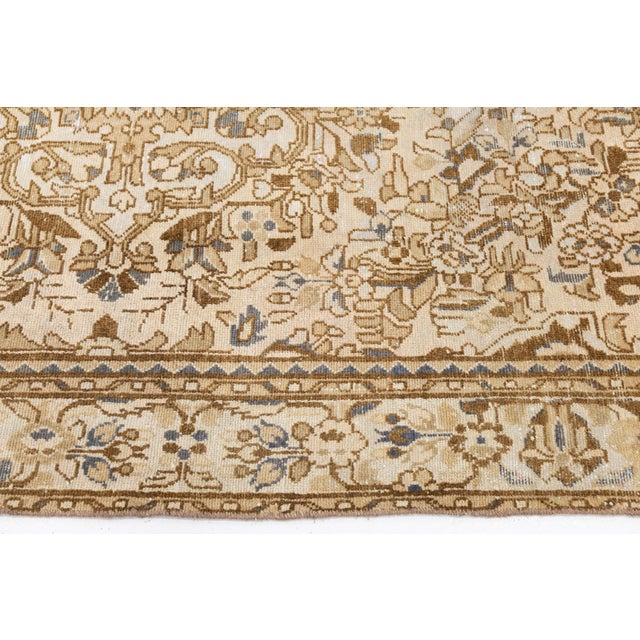Vintage Hand-Knotted Neutral Medallion Area Rug in Warm Camel, Ivory & Slate Blue For Sale In New York - Image 6 of 10
