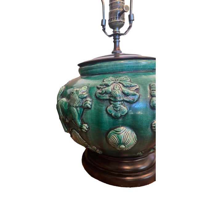 Pair of Antique Jade and Emerald Green Chinese Majolica Ceramic Lamps For Sale In Phoenix - Image 6 of 6