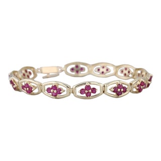 4ctw Ruby Flower Tennis Bracelet 14k Yellow Gold 7.25" 7.5mm For Sale