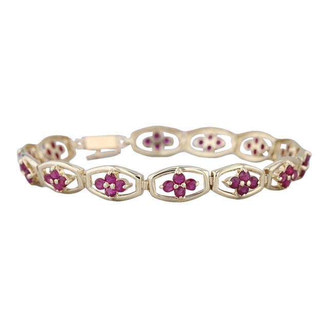 4ctw Ruby Flower Tennis Bracelet 14k Yellow Gold 7.25" 7.5mm For Sale