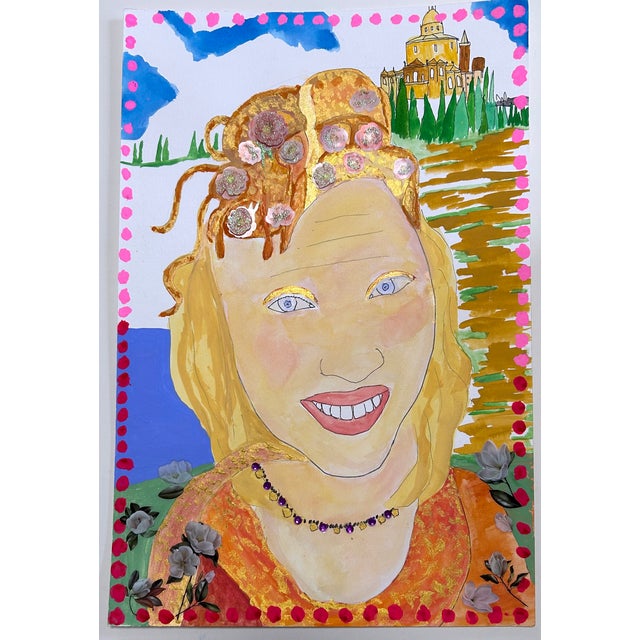 Renaissance watercolor with Applique framed. Renaissance Maiden For Sale - Image 3 of 3