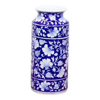 Blue & White Jaipur Pottery Vase For Sale