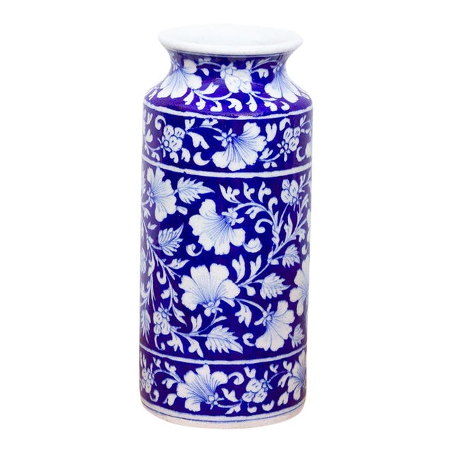 Blue & White Jaipur Pottery Vase For Sale