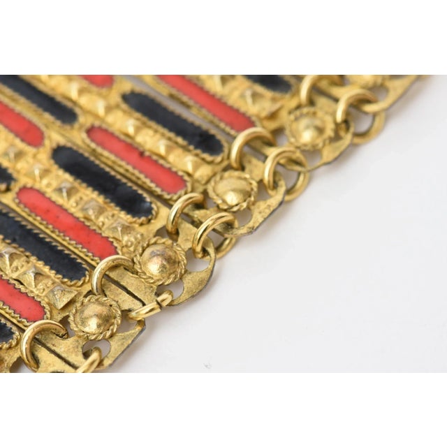 Metal 1950's Grecian Gold Plated Metal With Red and Black Enamel Cuff Bracelet For Sale - Image 7 of 10