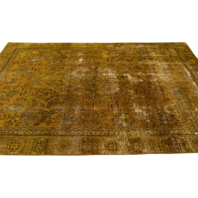Abstract Goldenrod Vintage Distressed Handmade Medallion Wool Rug 6'6" X 9'10" For Sale - Image 3 of 10