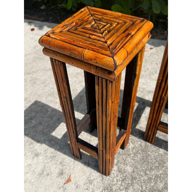 Tommy Bahama Vintage Graduated Bamboo & Rattan Pedestal Plant Stands, Pair For Sale - Image 4 of 10
