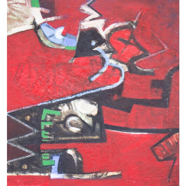 An oil on canvas painting by the American artist James L. Bruch (1942-2023). This vibrant abstract work features a red...