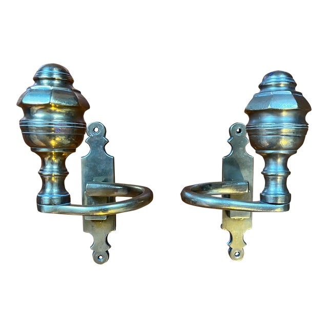 Large Antique 19th Century American Federal Brass Jamb Hooks to Hold Fire Tools on the Hearth or Fireplace Mantel - a Pair For Sale