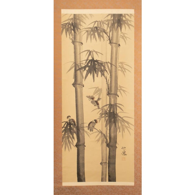 Tan Showa Era Japanese Monochrome Watercolor Scroll Painting, "Bamboo Trees and Sparrows" For Sale - Image 8 of 12