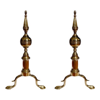 Antique Brass Steeple Top Andirons - A Pair For Sale