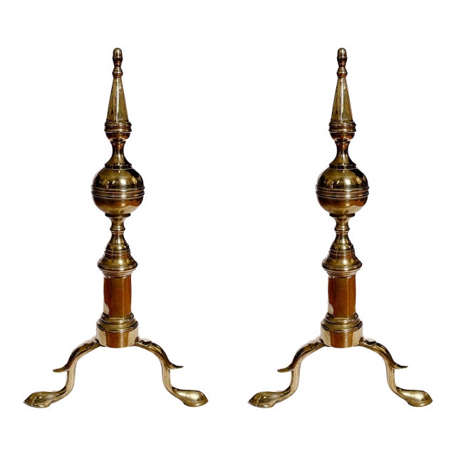 Antique Brass Steeple Top Andirons - A Pair For Sale