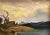 Oil painting on hardboard of a country landscape with luminous clouds, mountains in the distance, resolving to a stream in...