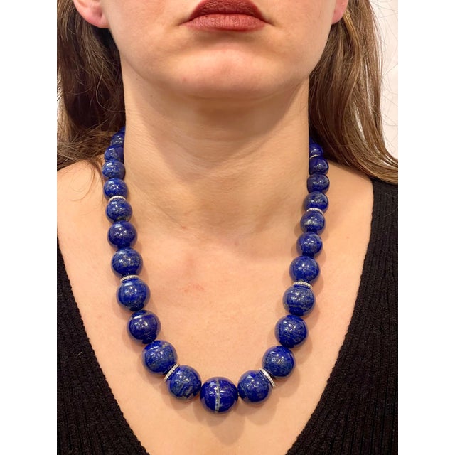 Certified Vintage Lapis Lazuli Single Strand Diamond Necklace 14 Kt White Gold For Sale - Image 14 of 18