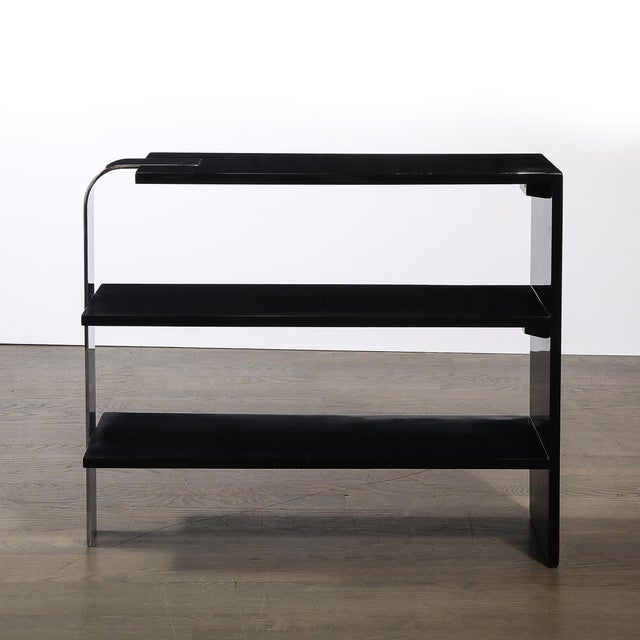 1930s Art Deco Streamlined 3-Tier End Table/Bookcase in Black Lacquer W/ Curved Chrome For Sale - Image 5 of 12