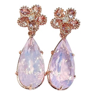 Bochic “Orient” Rose Rodorite & Pink Quartz Earrings Set In18K Gold & Silver For Sale