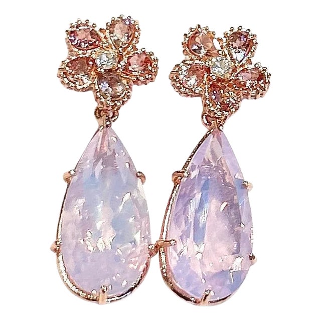 Bochic “Orient” Rose Rodorite & Pink Quartz Earrings Set In18K Gold & Silver For Sale