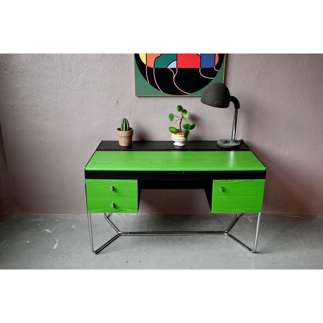 Bauhaus Desk in Green and Black Wood and Chrome Metal, 1980s For Sale - Image 6 of 18