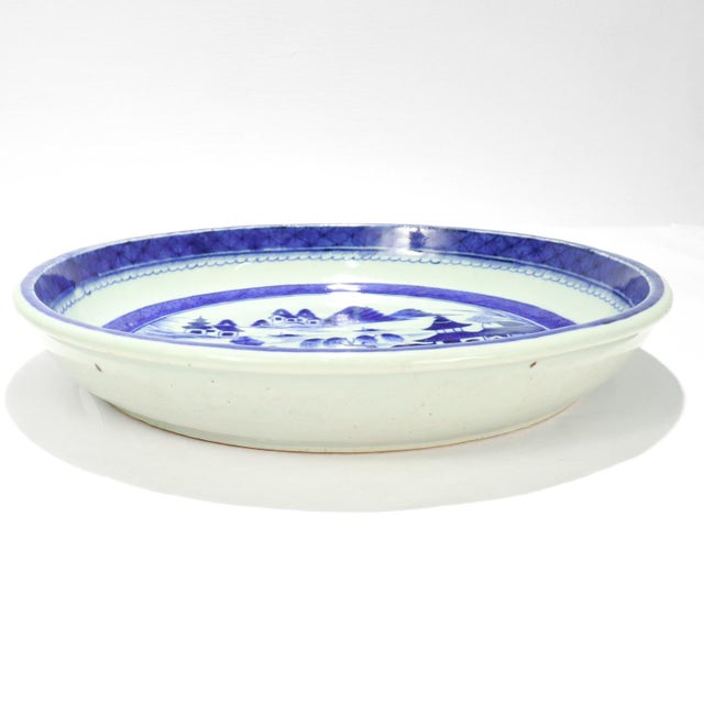 Ceramic Large Round Antique Blue & White Canton Pattern Chinese Export Porcelain Serving Bowl or Tray For Sale - Image 7 of 16